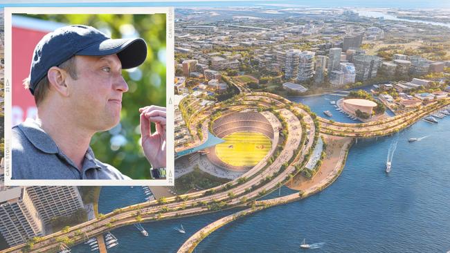 Premier Steven Miles (inset) says he doubts the private sector can fund the $6 billion cost of the Brisbane Design Alliance Northshore 2032 Games precinct plan (main image).