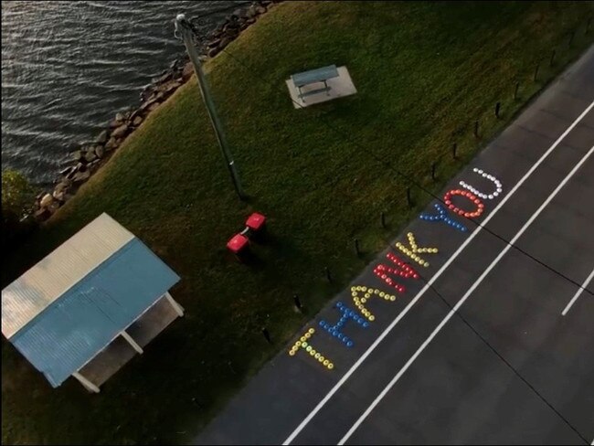 North Tumbulgum resident Jackson Kilpatrick, a drone pilot, captured the community's "Clap Your Hands and Cheer For Tumbulgum's Heroes" project. Photo: Jackson Kilpatrick