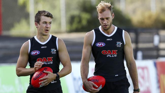 Port Adelaide’s Jack Trengove and Jack Hombsch. Picture: SARAH REED