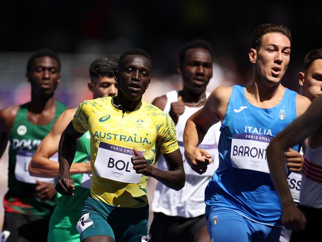 Peter Bol, front centre, competes during the Men's 800m at the Paris Olympics. Picture: Getty Images