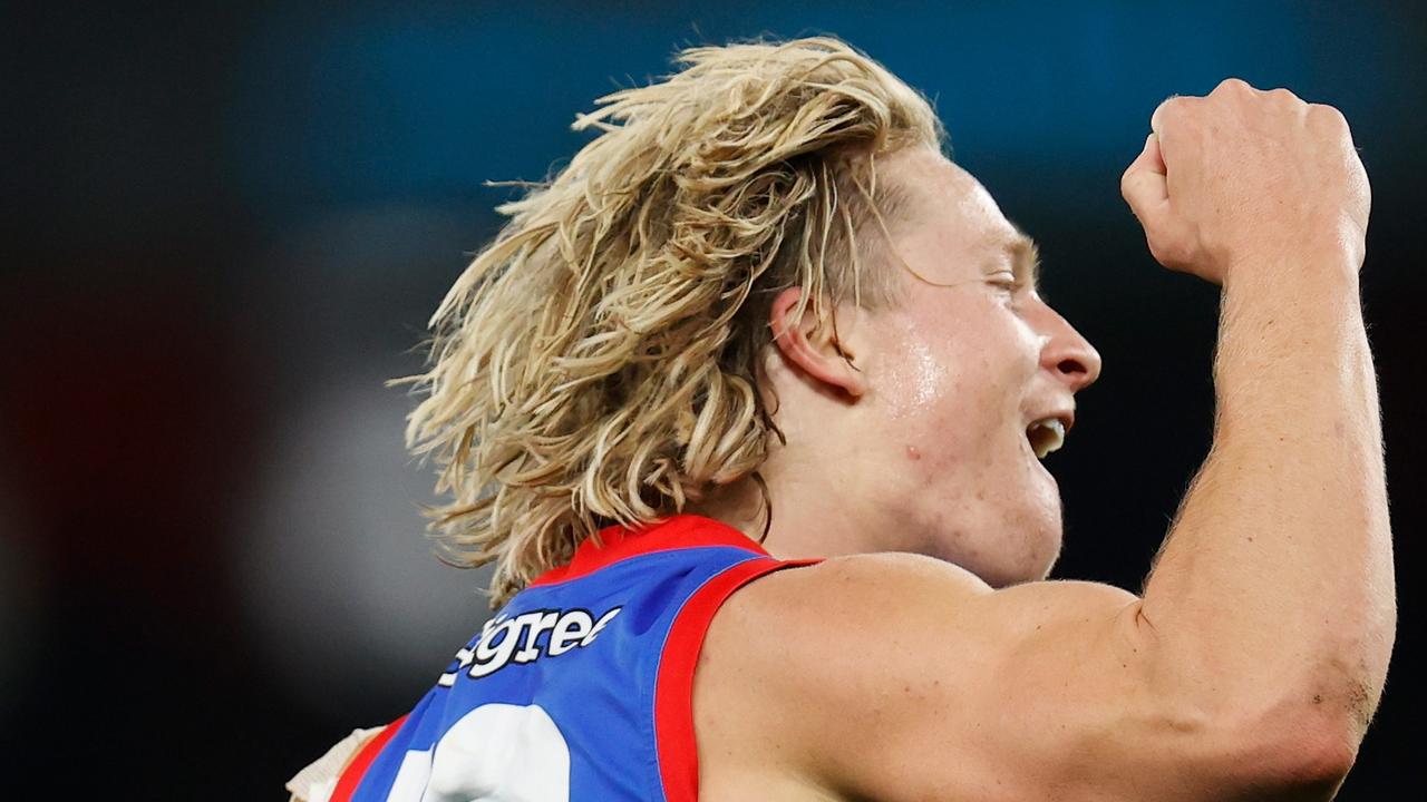 Cody Weightman celebrates a goal during the 2022 AFL Round 05 match between the North Melbourne Kangaroos and the Western Bulldogs. Picture: AFL Photos via Getty Images