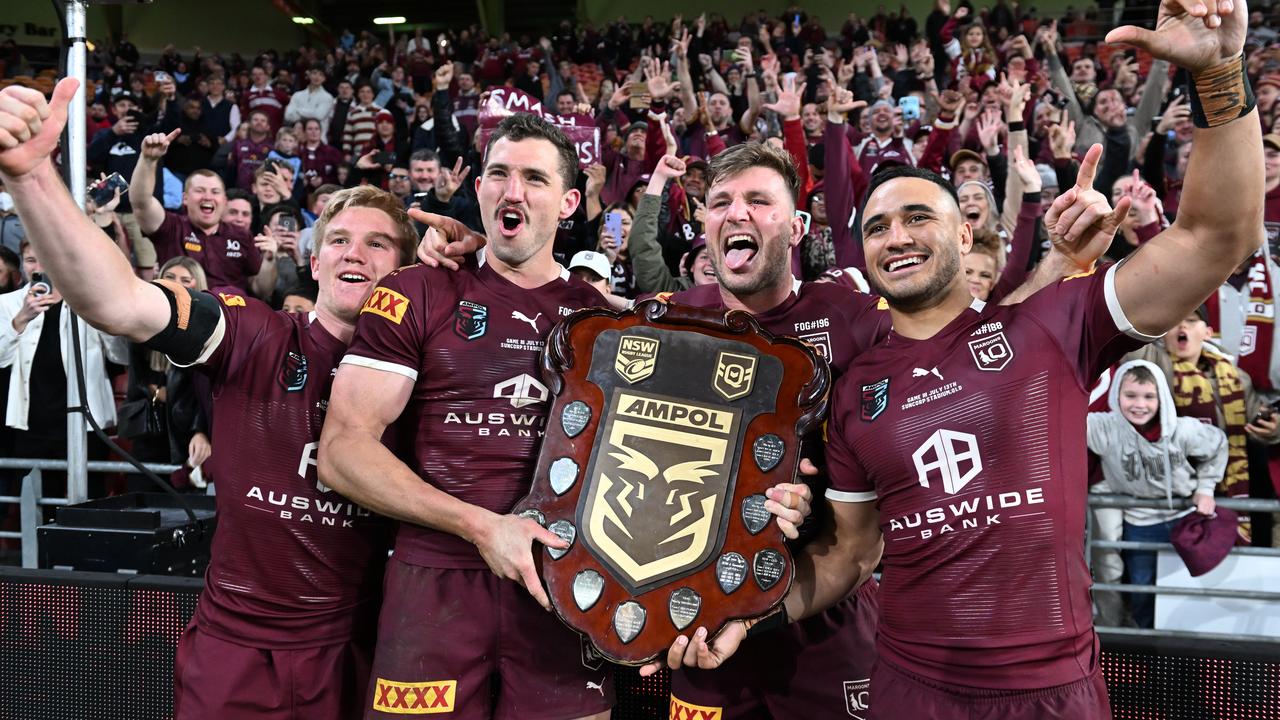 Tom Dearden, Corey Oates, Jai Arrow and Valentine Holmes celebrate. Photo by Bradley Kanaris/Getty Images