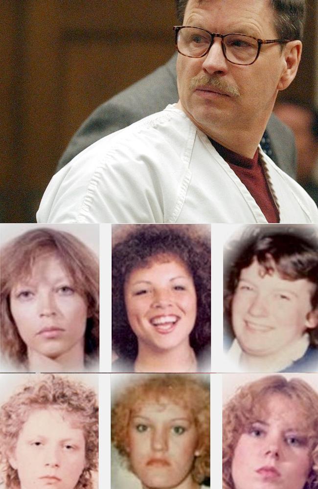 Green River killer Gary Ridgeway and six of his estimated 80 victims.