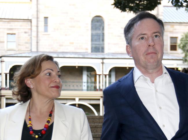 Jackie Trad with husband Damien van Brunschot, during a press conference after being clear by the CCC, at Parliamnent House Brisbane City - Photo Steve Pohlner