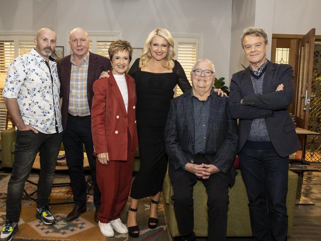 Ryan Moloney, Alan Fletcher, Jackie Woodburne, Angela Bishop, Ian Smith and Stefan Dennis attend the "Neighbours" finale event on June 29, 2022 in Melbourne. Picture: Sam Tabone