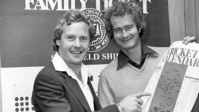 Rodney Hogg (left) next to Ashley Mallett before a South Australia vs Tasmania shield match. Picture: File