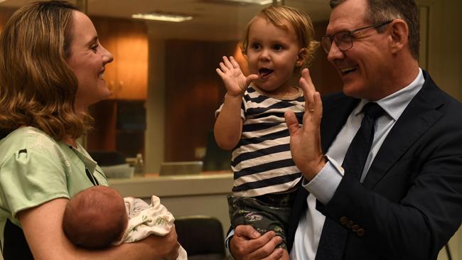 Michael Gunner with wife Kristy, newborn Nash and Hudson, 2, after announcing his resignation as NT chief minister. Picture:(A)manda Parkinson