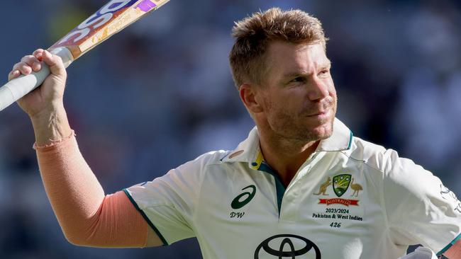 David Warner reacts after his dismissal for 164 runs on the first day of the first Test cricket match between Australia and Pakistan. Picture: AFP