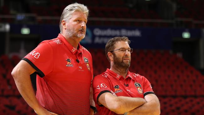 Scott Roth and Trevor Gleeson of the Wildcats look on during game three of the NBL Grand Final series between the Sydney Kings and Perth Wildcats at Qudos Bank Arena on March 15, 2020 in Sydney, Australia. (Photo by Paul Kane/Getty Images)