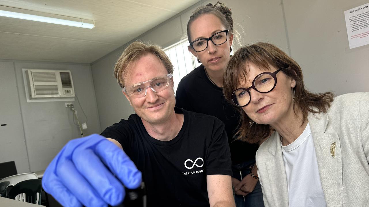 Senior chemist Jacob Fry, drug-checking director Sarah Hiley and Acting Minister for Mental Health Mary-Anne Thomas at the pill testing trial facilities at Beyond The Valley. Picture: Alison Wynd