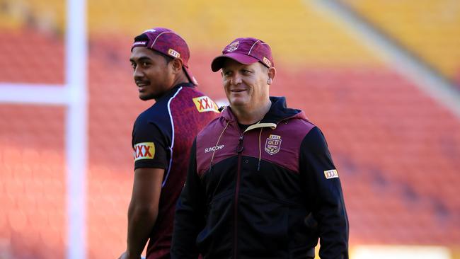 Anthony Milford and Coach Kevin Walters during the Queensland Origin team's first training session at Suncorp Stadium in Brisbane. Pics Adam Head