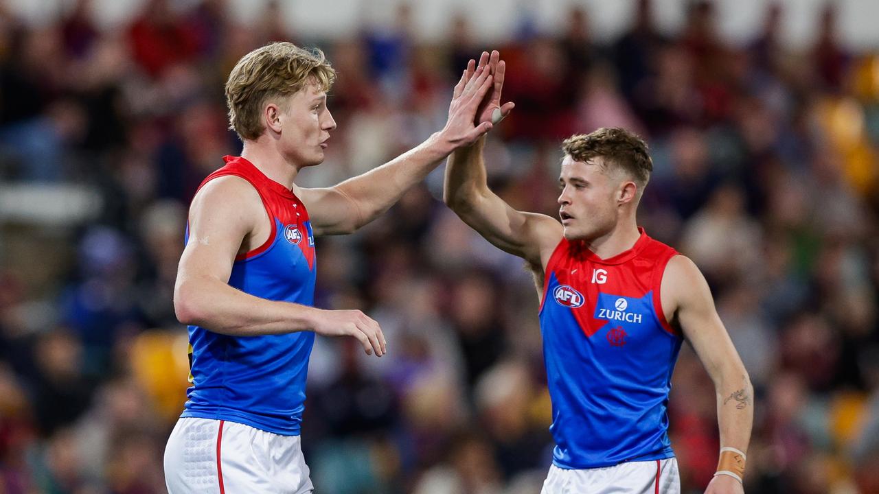 Jacob van Rooyen of the Demons celebrates a goal. (Photo by Russell Freeman/AFL Photos via Getty Images)