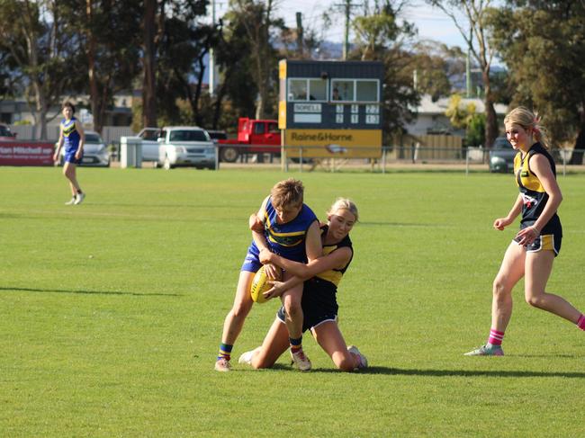 SFLW Community League - Action from Sorell v St Virgils during the annual Pink Sock-Carolyn Birch Memorial Match. Picture: Jake Garland