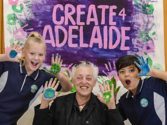 Create4Adelaide project - Wandana School Kids: Sophie Newbound, 11 and Sebastian Ponce, 11 with  Adelaide Festival artistic director Ruth Mackenzie  Picture: Roy Vandervegt