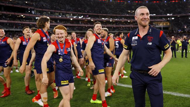 Simon Goodwin showed his team a pre-game video poking fun at his food poisoning before the first bounce on Saturday. Picture: Dylan Burns/AFL Photos