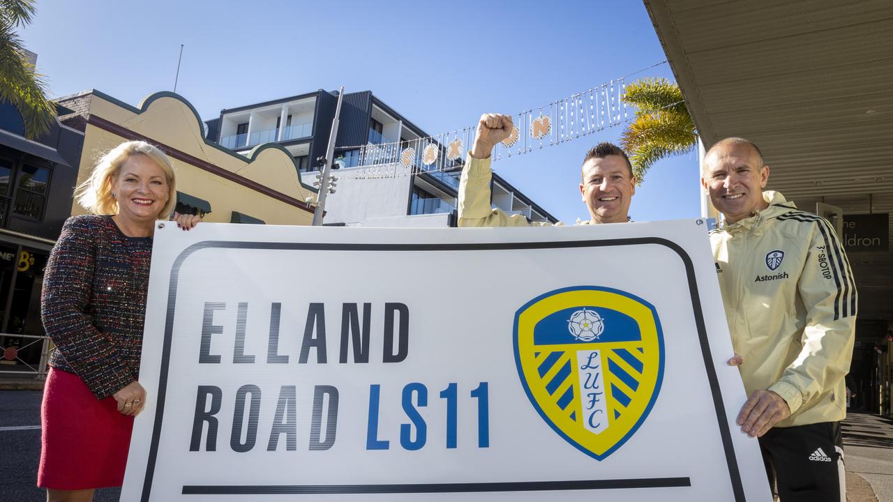 Brisbane Deputy Mayor Krista Adams (left) celebrates Caxton Street’s “Elland Road” transformation Leeds legends Michael Bridges and Tony Dorigo (left). Picture: NCA NewsWire / Sarah Marshall