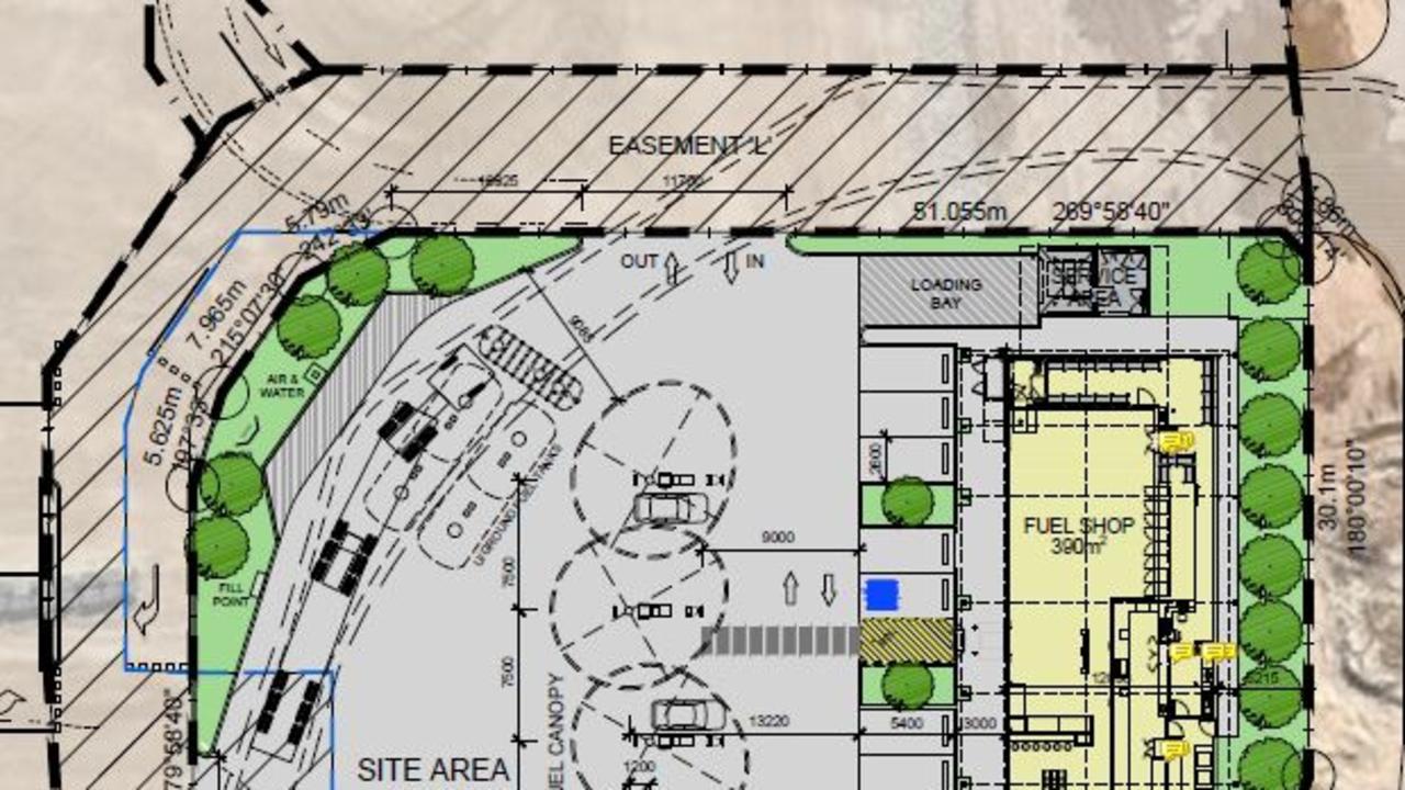 Proposed plans for the Mobil service station with four bowsers and inside shop.