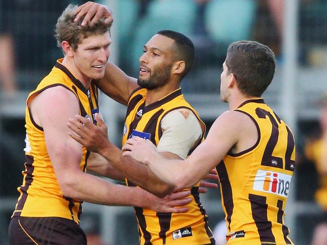 LAUNCESTON, AUSTRALIA - MAY 14: Josh Gibson of the Hawks celebrates a goal with Ben McEvoy and Luke Breust of the Hawks (R) during the round eight AFL match between the Hawthorn Hawks and the Fremantle Dockers at Aurora Stadium on May 14, 2016 in Launceston, Australia. (Photo by Michael Dodge/Getty Images)