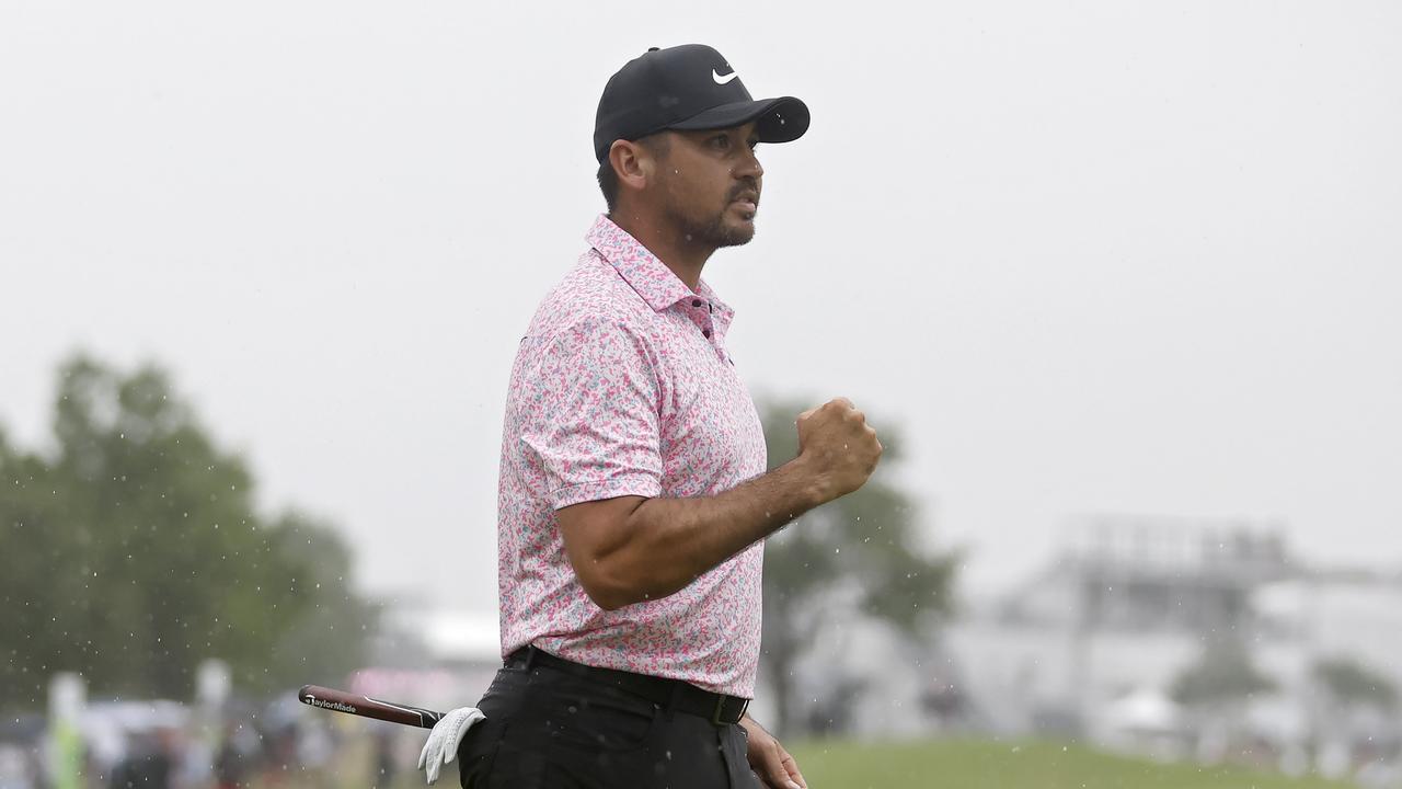 MCKINNEY, TEXAS - MAY 14: Jason Day of Australia reacts after making birdie on the 18th green during the final round of the AT&amp;T Byron Nelson at TPC Craig Ranch on May 14, 2023 in McKinney, Texas. (Photo by Tim Heitman/Getty Images)