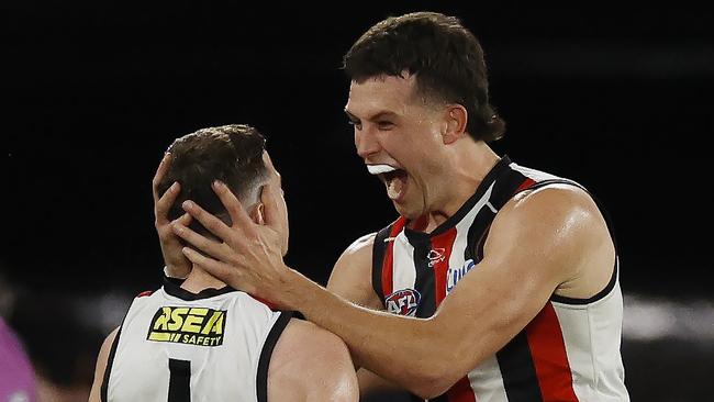 NCA. MELBOURNE, AUSTRALIA. August 25,   2024. AFL Round 24. Carlton vs St Kilda at Marvel Stadium.  Jack Higgins of the Saints celebrates the match winner in the dying seconds with Rowan Marshall     . Pic: Michael Klein