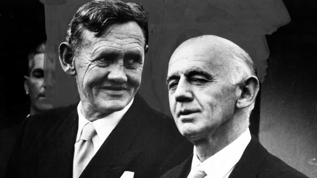 John Gorton (left) being sworn in as Prime Minister in Canberra in 1968, pictured with William McMahon, who would succeed him three years later. Picture: News Ltd.