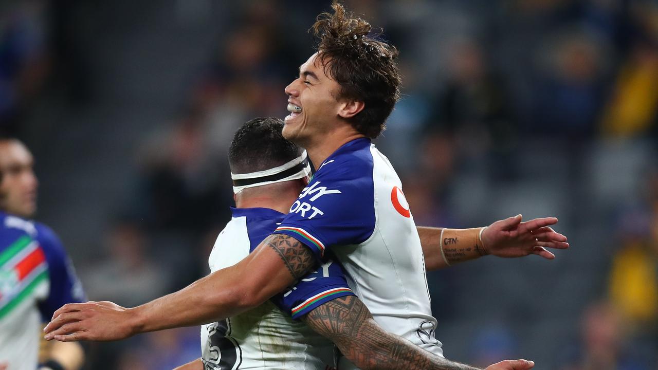 SYDNEY, AUSTRALIA - JULY 15: Chanel Harris-Tavita of the Warriors celebrates scoring a try, which was then disallowed by the video bunker during the round 18 NRL match between the Parramatta Eels and the New Zealand Warriors at CommBank Stadium on July 15, 2022, in Sydney, Australia. (Photo by Jason McCawley/Getty Images)