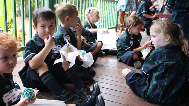 Scarlett, Benjamin and Harry enjoyed some cupcakes to start their first day of school at St Luke's Anglican School.