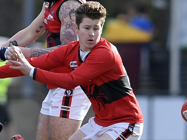 MacedonÃs  Daniel Trajanovski and RomseyÃs Aaron Paterson during the RDFL football match between Macedon and Romsey in Macedon, Saturday, June 26, 2021. Picture: Andy Brownbill