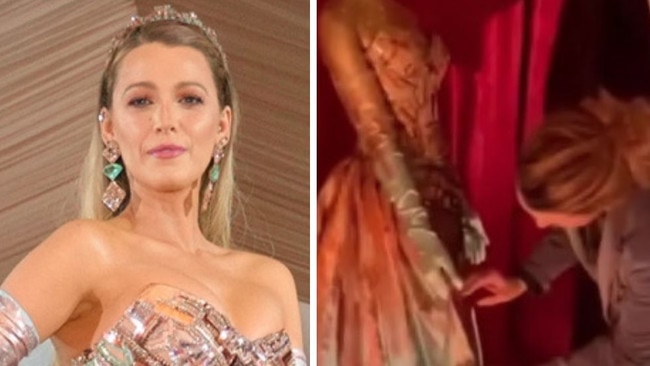 Blake Lively steps over rope at Kensington Palace museum exhibit to fix her displayed Met gown. Picture: Blake Lively/Instagram