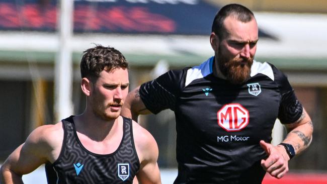 SEPTEMBER 16, 2024: Kane Farrell and Charlie Dixon during Port Adelaide training at Alberton. Picture: Brenton Edwards