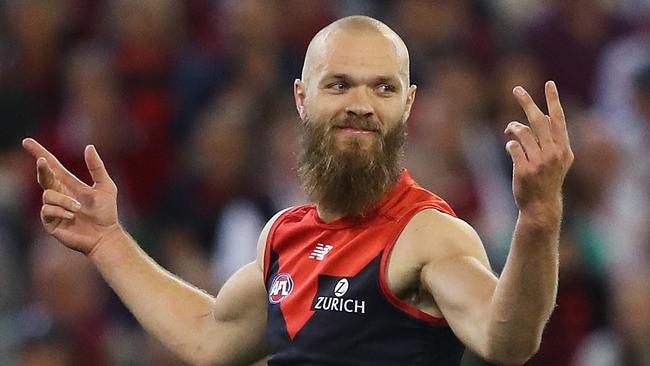 Melbourne's Max Gawn celebrates a goal during Friday night’s semi-final. Picture: Phil Hillyard