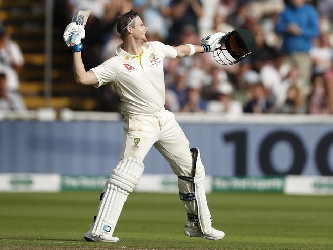 BIRMINGHAM, ENGLAND - AUGUST 01: Steve Smith of Australia celebrates after reaching his century during Day One of the 1st Specsavers Ashes Test between England and Australia at Edgbaston on August 01, 2019 in Birmingham, England. (Photo by Ryan Pierse/Getty Images)