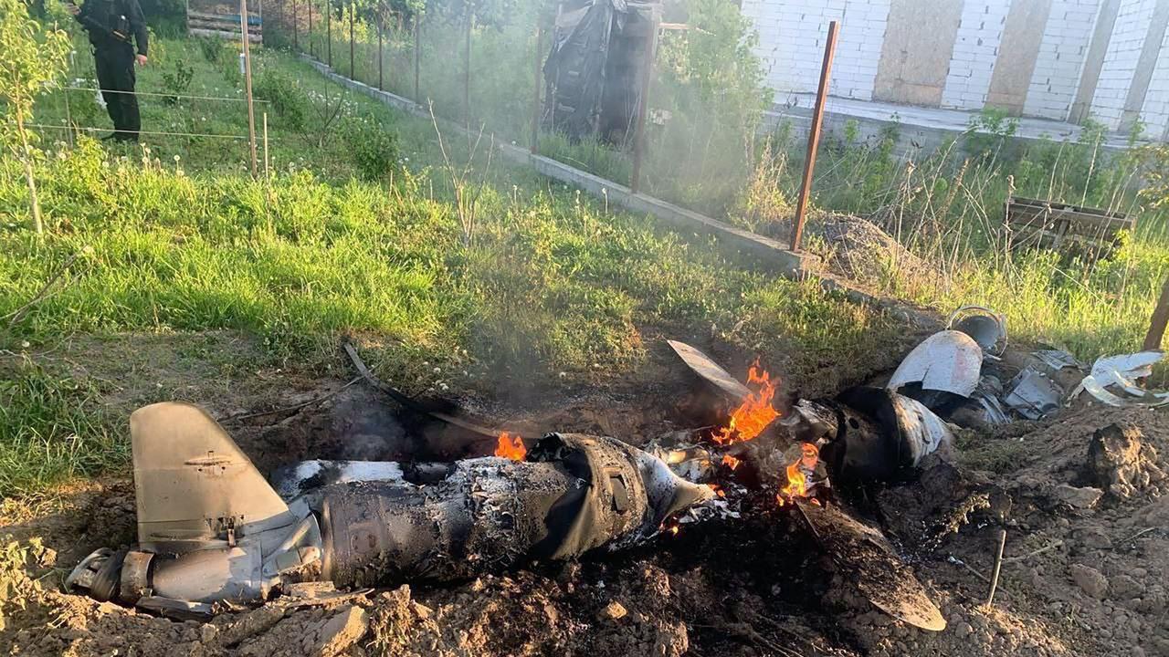 Debris from a Russian cruise missile shot down by Ukrainian air defence units in Kyiv region, amid the Russian invasion of Ukraine. Ukraine said on May 18, 2023. Picture: AFP PHOTO / Press service of the National Police of Ukraine