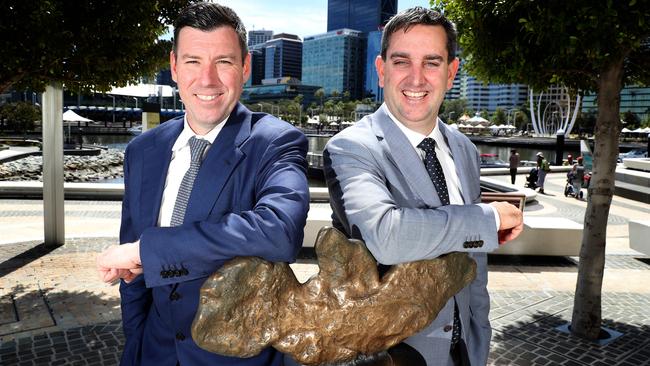 Northern Star executive chairman Bill Beament and Saracen managing director Raleigh Finlayson have been all smiles since announcing the ‘merger of equals’. Picture: Colin Murty/The Australian