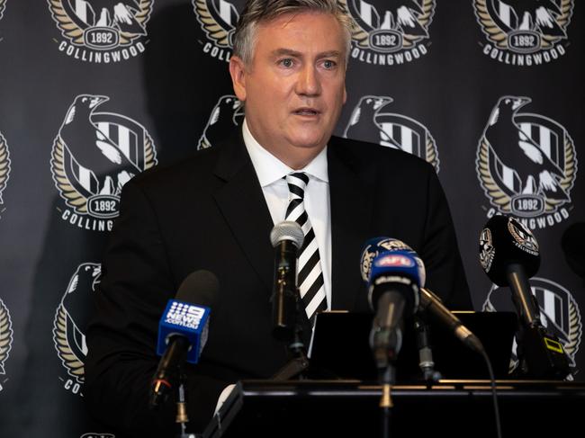 MELBOURNE, AUSTRALIA - FEBRUARY 09: Eddie McGuire resigns effective immediately as Collingwood Football Club President whilst speaking to the media during a Collingwood Magpies AFL press conference at the Holden Centre on February 09, 2021 in Melbourne, Australia. (Photo by Mackenzie Sweetnam/Getty Images)