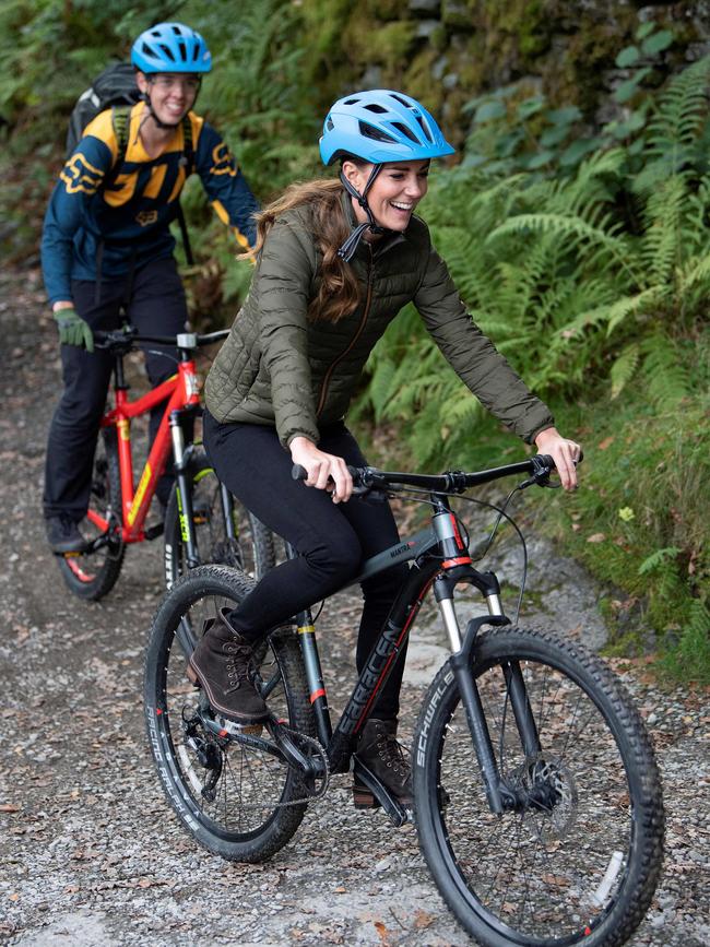 Kate Middleton rode a mountain bike as she visited the RAF Air Cadets at their Windermere Adventure Training Centre. Picture: AFP