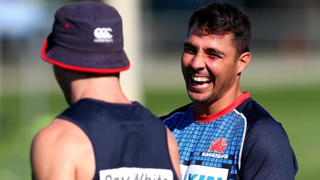 Nick Phipps shares a laugh with Bernard Foley during the Waratahs training session at  Bus Loop Oval, Moore Park . Picture : Gregg Porteous