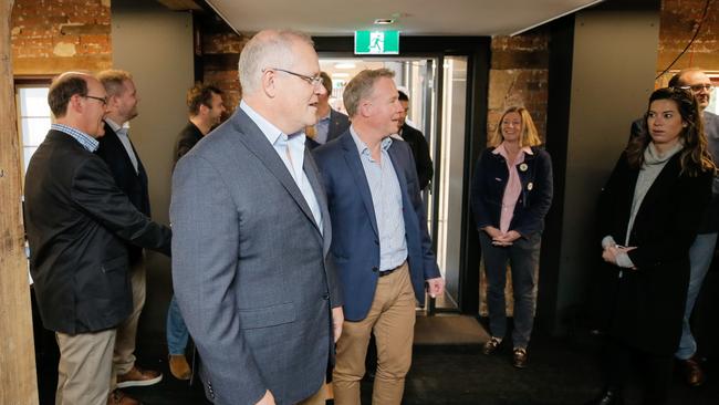 Prime Minister Scott Morrison and Premier Will Hodgman arrive to officially open Macquarie House in Launceston which has been converted into a coworking space. Picture: PATRICK GEE