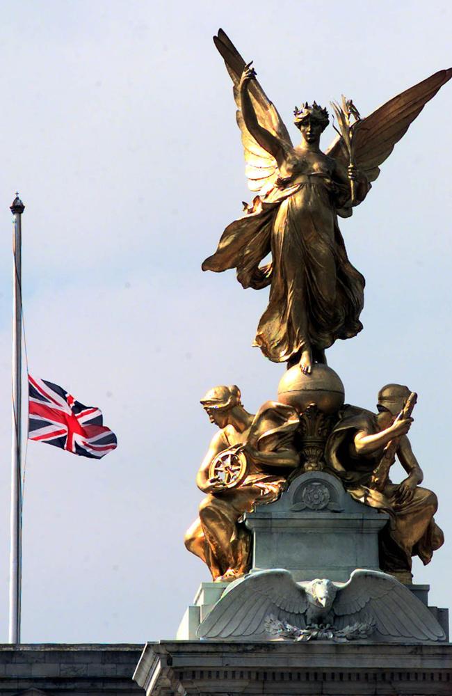 The Union Jack flag on the top of the Queen's official London residence Buckingham Palace flew at half mast in 1998. The flag was flown at half mast as a mark of respect on the first anniversary of the death of Diana, Princess of Wales. Picture: AP