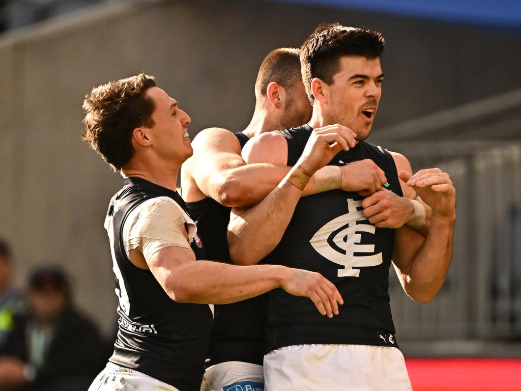 Matthew Kennedy celebrates kicking a goal on Sunday. Picture: Daniel Carson/AFL Photos via Getty Images.