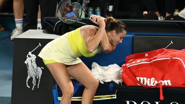 MELBOURNE, AUSTRALIA - JANUARY 25: Aryna Sabalenka throws her smashed racket after her defeat by Madison Keys of the United States in the Women's Singles Finalduring day 14 of the 2025 Australian Open at Melbourne Park on January 25, 2025 in Melbourne, Australia. (Photo by Quinn Rooney/Getty Images)