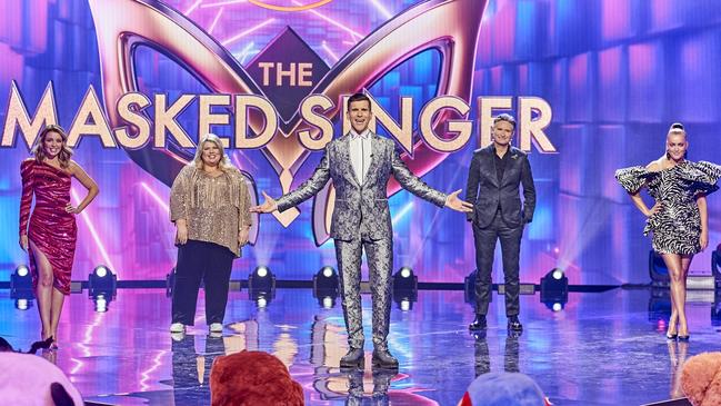 Dannii Minogue, Urzila Carlson, Osher Gunsberg, Dave Hughes and Jackie O on The Masked Singer set. Picture: Channel 10