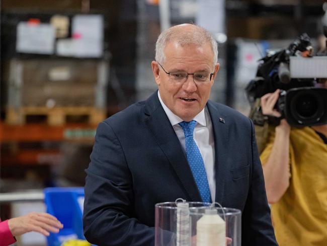 Prime Minister Scott Morrison in Sydney visiting SpanSet who make products for safety equipment including harnesses slings. Picture: Jason Edwards