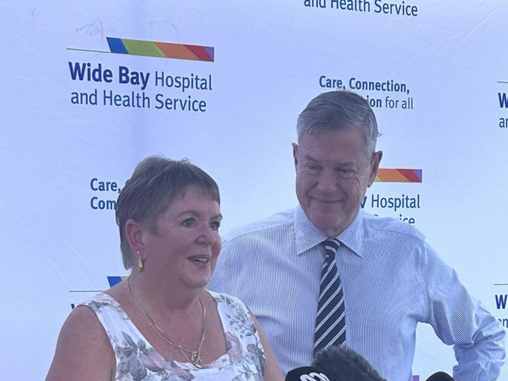 Stroke survivor Kerrie Pollington speaks to media with Qld Health Minister Tim Nicholls about the Telestroke service which saved her life at Hervey Bay hospital.