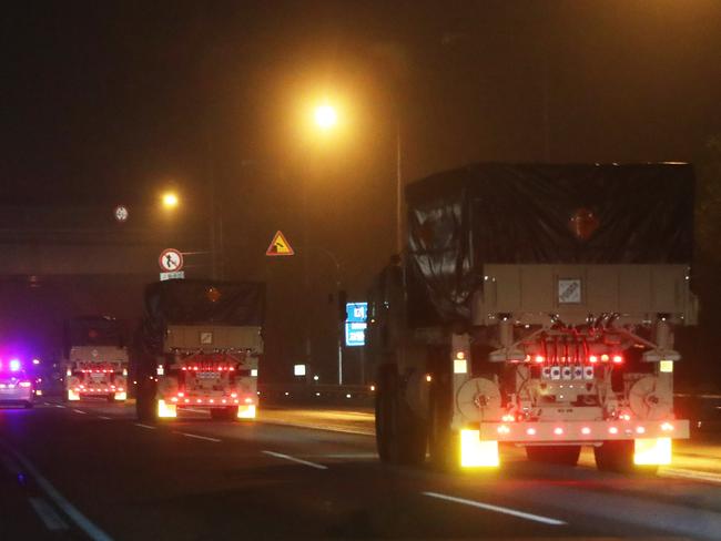 Vehicles carrying rocket launchers for the Terminal High Altitude Area Defense (THAAD) system head for Seongju to counter North Korea’s repeated nuclear and missile provocations. Picture: Yonhap News Agency/AAP