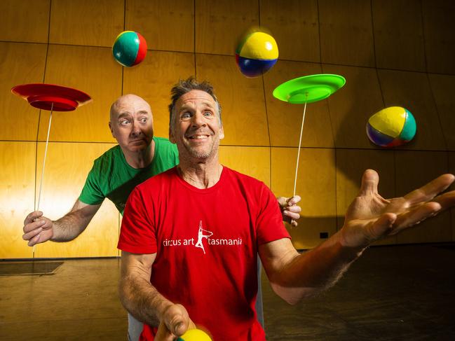 Take part in a Circus Skills school holiday workshop at Moonah Arts Centre. Circus Art Tasmania teachers Andrew Brassington and Mark Sands. Picture: Richard Jupe