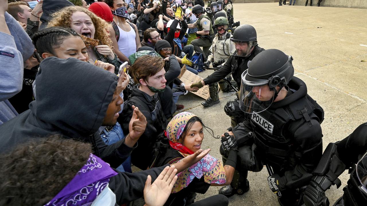 Protesters are emotional at the response from police outside Spokane County Courthouse in Washington. Picture: Colin Mulvany/The Spokesman-Review via AP