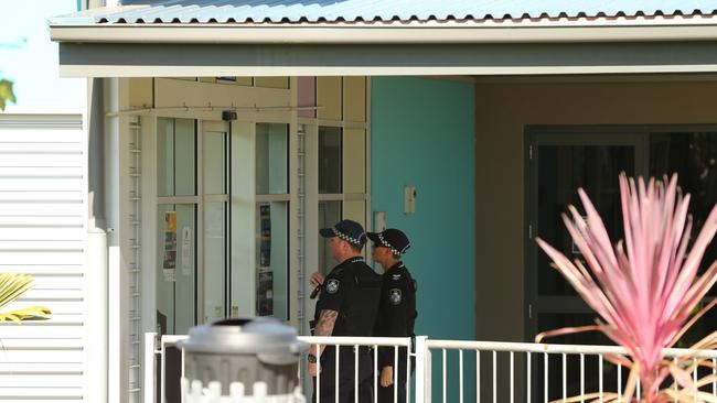 Police Parents and students at the Upper Coomera State College after the school went into lockdown over social media threats. Picture Mike Batterham