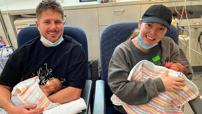 Bryce Ruthven and Melissa Rawson with their newborn twins Levi and Tate. Picture: Instagram