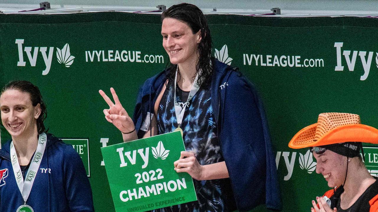 Transgender swimmer Lia Thomas celebrates taking first place in the 500 yard freestyle during the Women's Ivy League Swimming &amp; Diving Championships. Picture: Joseph Prezioso